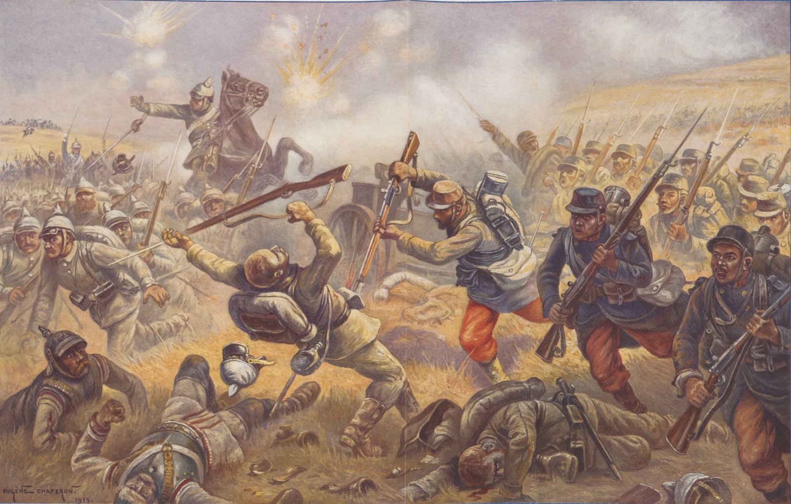 Color wartime illustration of French infantry in blue coats and red trousers charging with fixed bayonets into German soldiers in spiked helmets, a German officer on a rearing horse behind them.