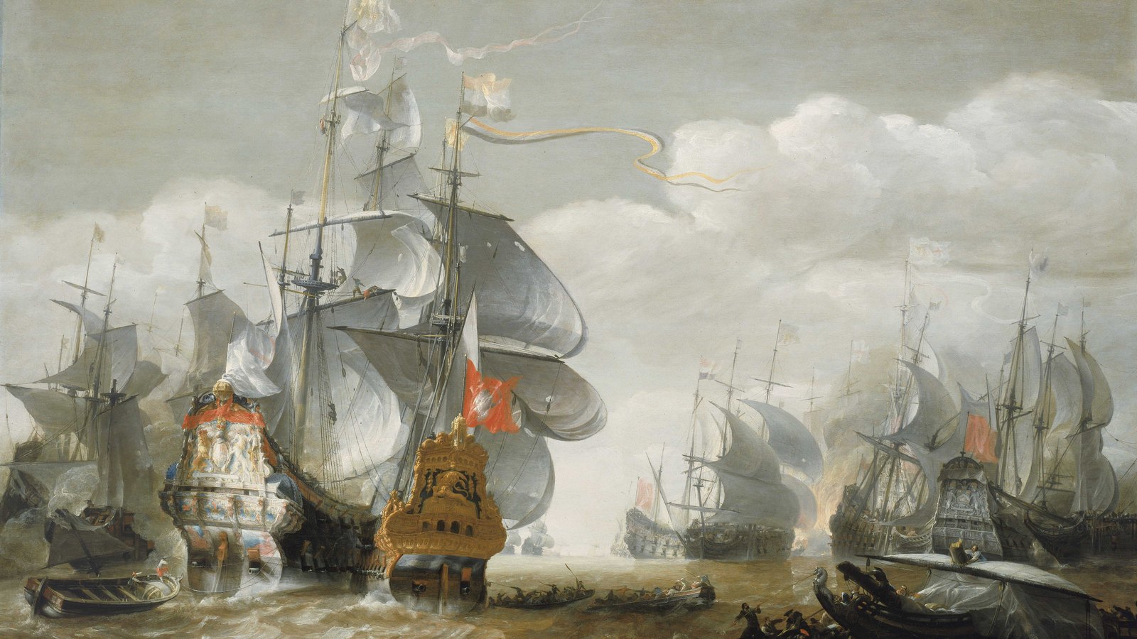 Painting of two ornate seventeenth-century warships fighting side by side under full sail, with burning ships and small boats in a rough sea beyond.