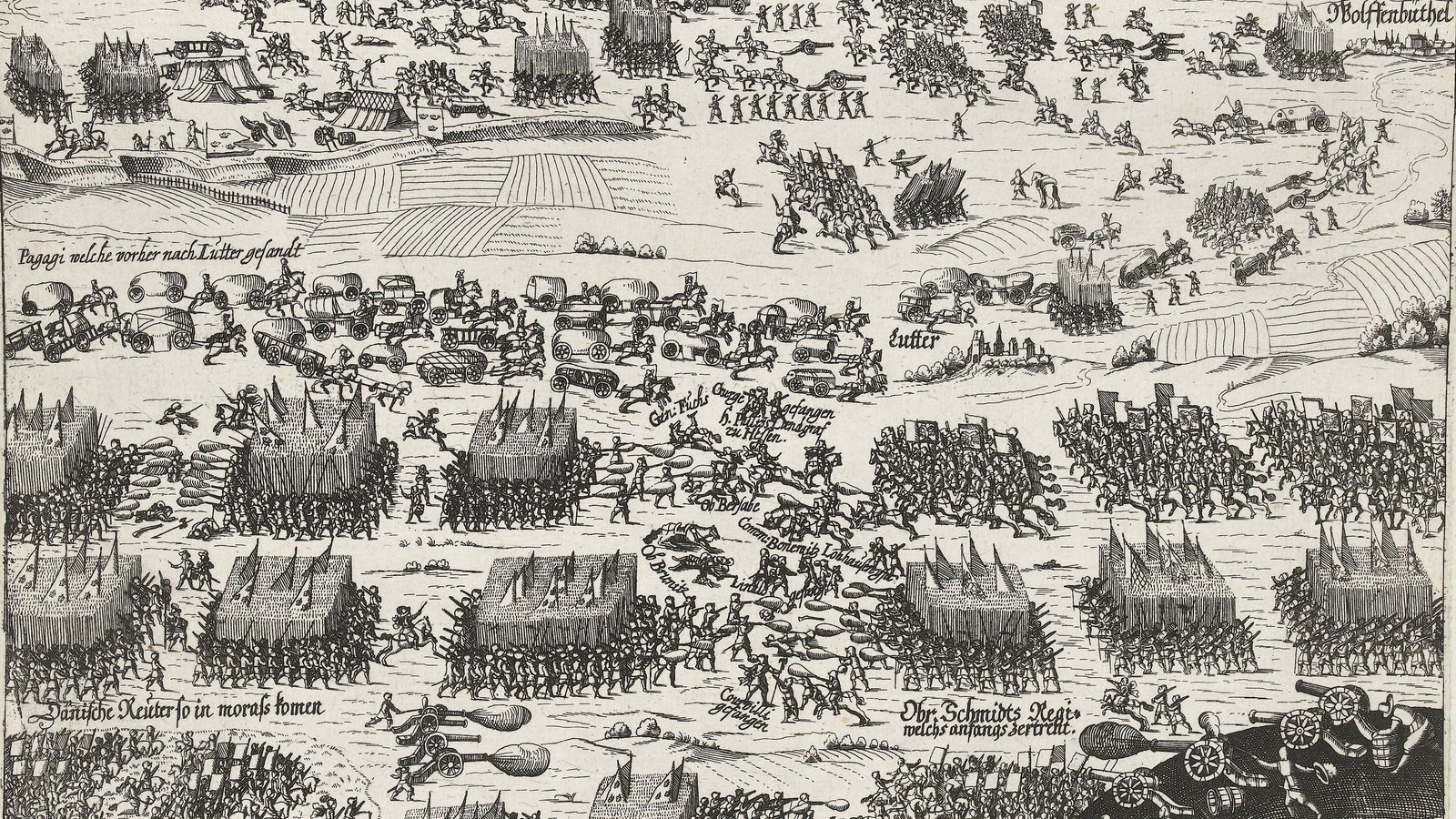 Seventeenth-century etching of the Battle of Lutter: blocks of pikemen, cavalry charges, burning baggage wagons and guns spread across a wide plain, with the town of Lutter in the middle distance.