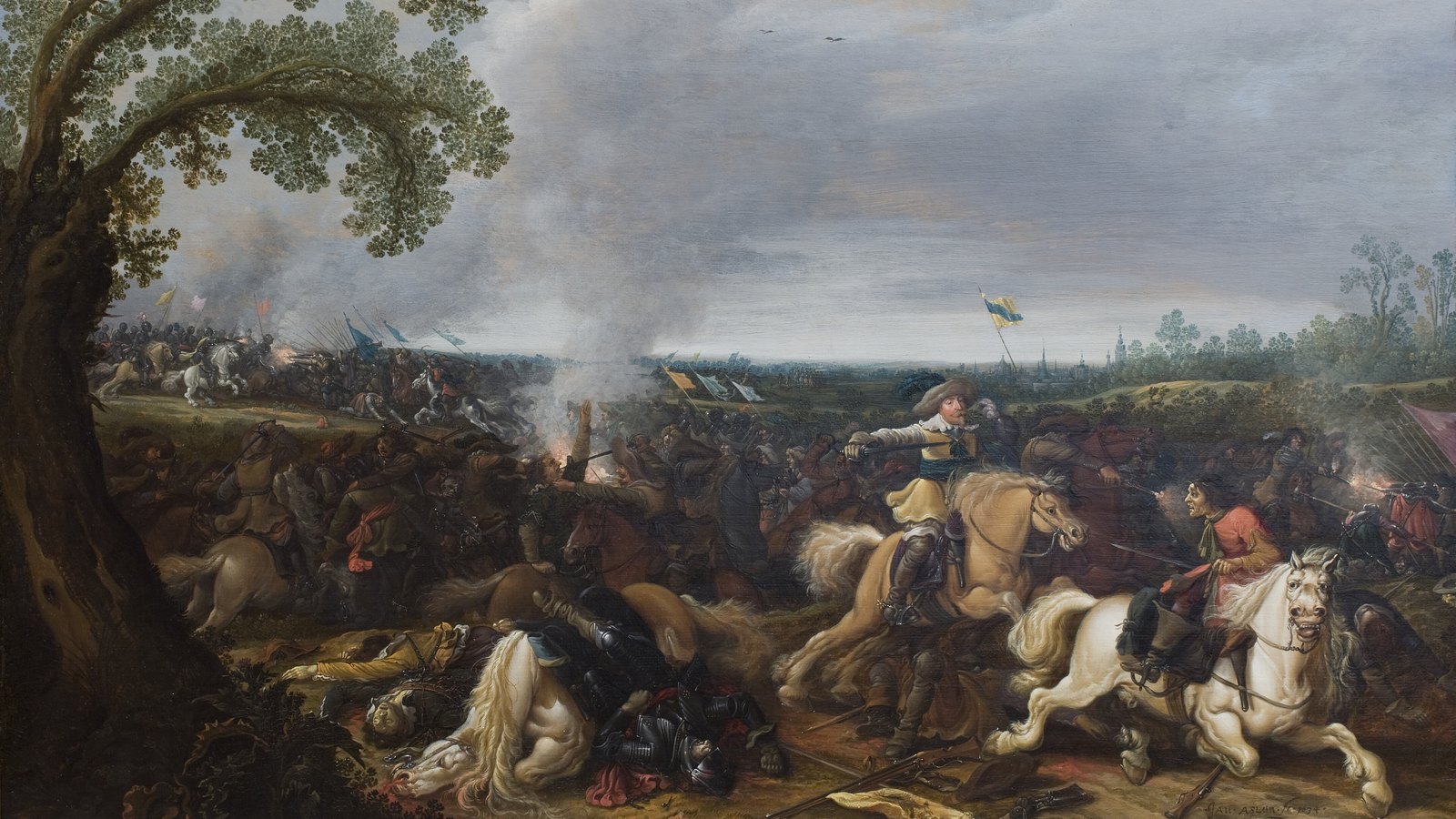 Seventeenth-century painting of a cavalry battle under a wide cloudy sky: a rider in a buff coat and plumed hat charges on a pale horse among smoke, fallen horses and men, with a blue and yellow banner behind him.