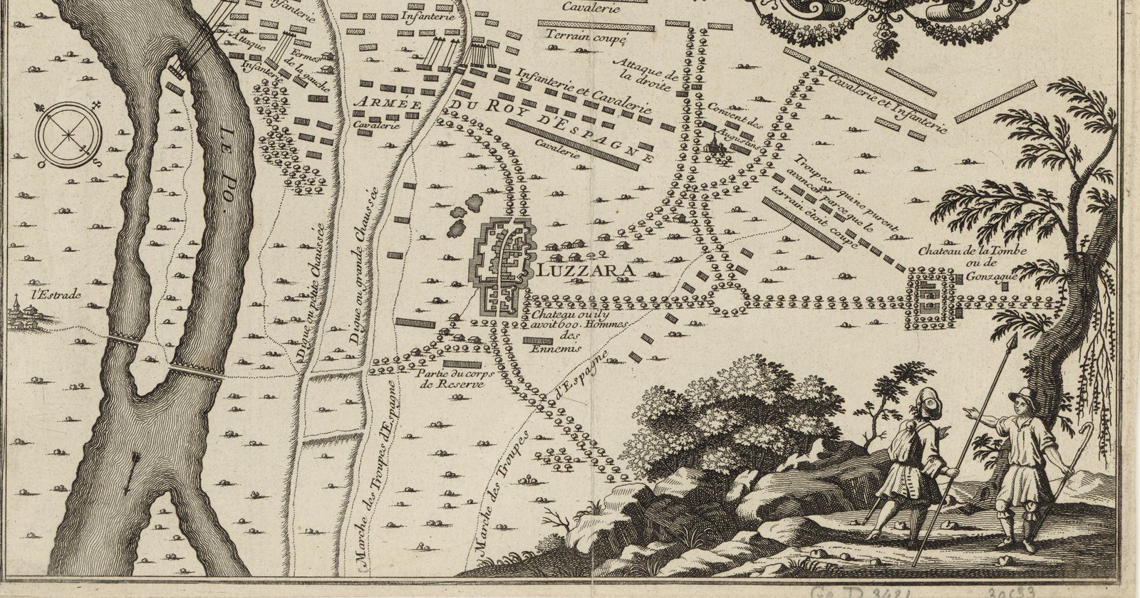 Engraved battle plan from 1702 showing the river Po winding on the left, the walled town of Luzzara, and rows of rectangular blocks marking the imperial army and the army of the King of Spain facing each other across fields and roads.