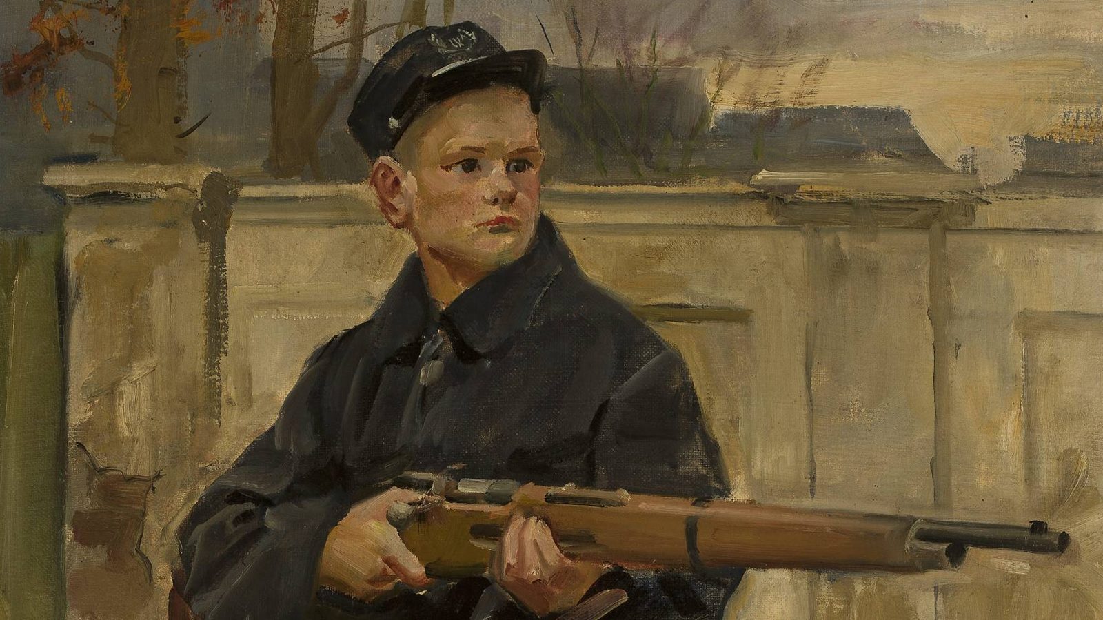Obraz Wojciecha Kossaka „Orlę lwowskie”: młody obrońca z karabinem