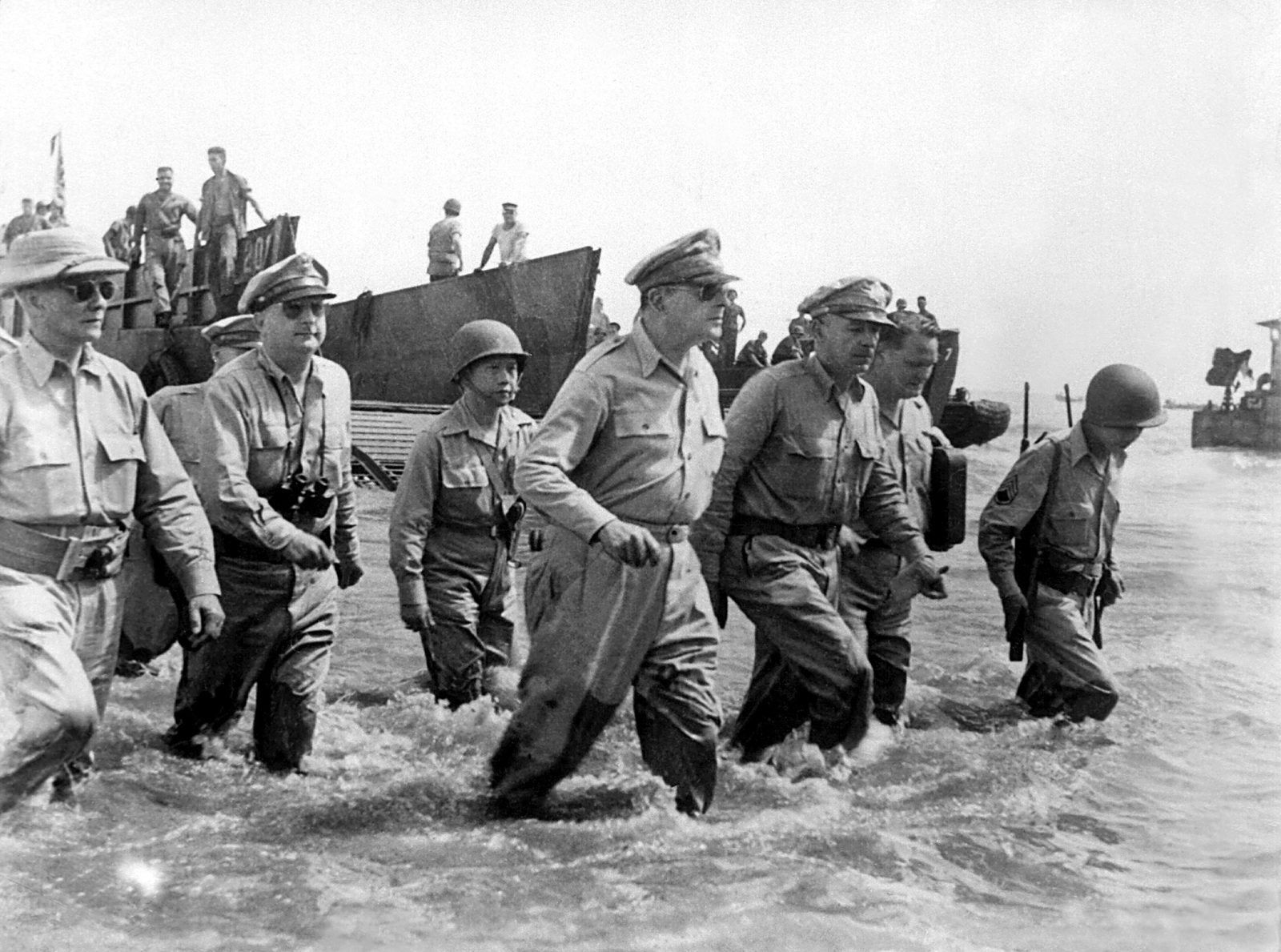 General Douglas MacArthur wading ashore at Leyte in the Philippines, 1944