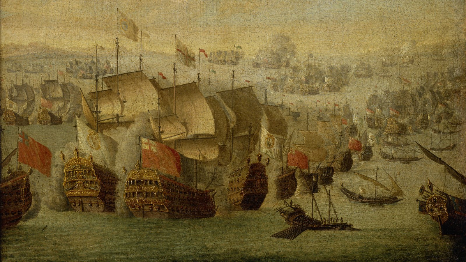 Painting of a sea battle: large sailing warships with gilded sterns and red ensigns firing broadsides in clouds of smoke, a galley in the foreground and more ships in line toward a hilly coast.
