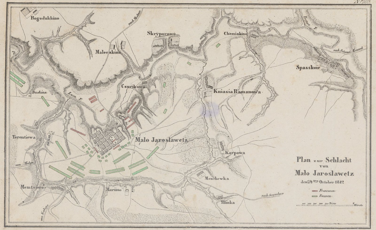 Hand-colored 1857 battle plan of Maloyaroslavets, a grid of streets beside the winding Luzha river, with French units in red near the town and Russian units in green to the south and west, and a title box reading Plan zur Schlacht von Malo Jaroslawetz den 24ten October 1812