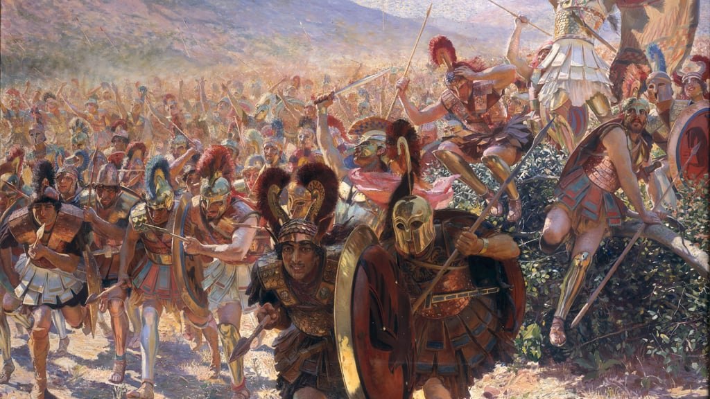 Athenian hoplites charging the Persian line at Marathon, 490 BC