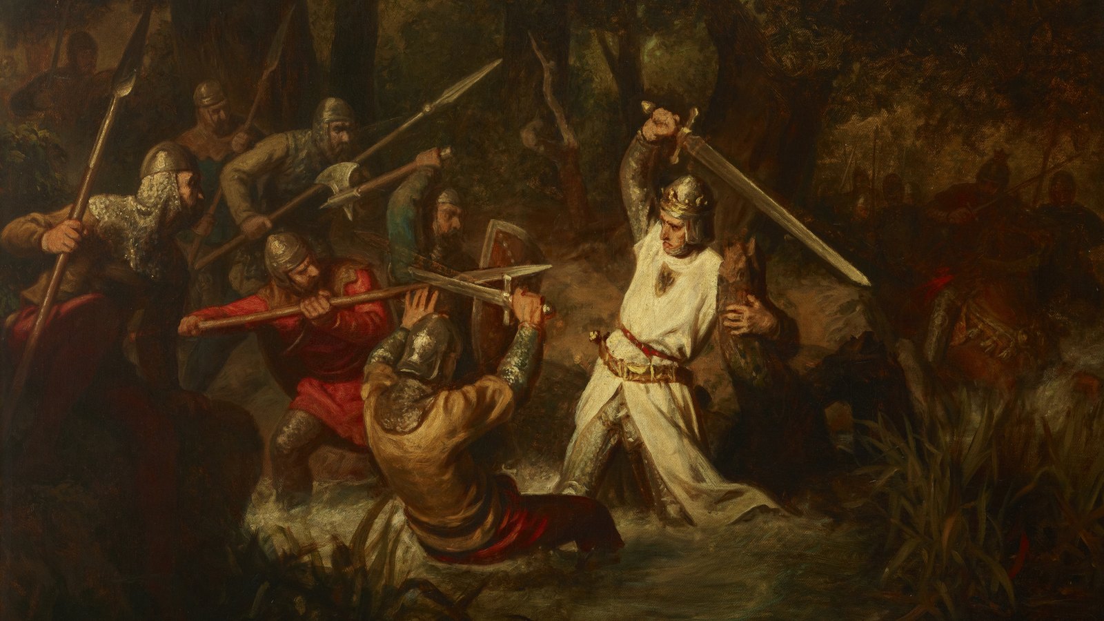 Painting of King Rudolf of Habsburg in a white surcoat and crowned helmet, standing in a stream and raising his sword as Bohemian knights attack him with spears and axes in a dark wood.