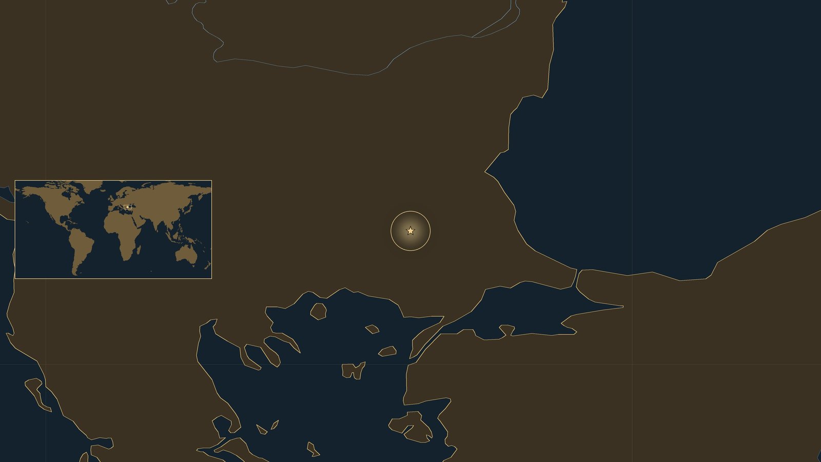 Dark locator map of the eastern Balkans with the Aegean Sea and the Sea of Marmara, showing a gold star in Thrace northwest of Edirne and a world inset.