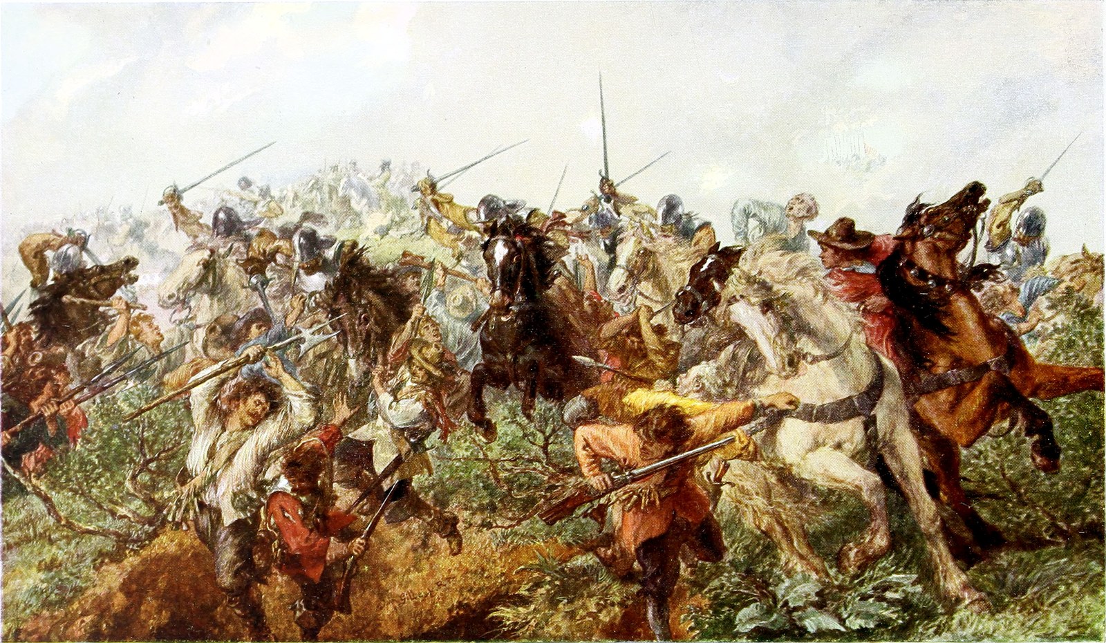 Watercolor of a cavalry charge crashing through infantry on rough heathland: helmeted horsemen with raised swords ride over musketeers and pikemen, one man in a yellow coat clutching a musket stumbles forward, another falls backward into a ditch, and rearing horses fill the center under a pale, smoky sky