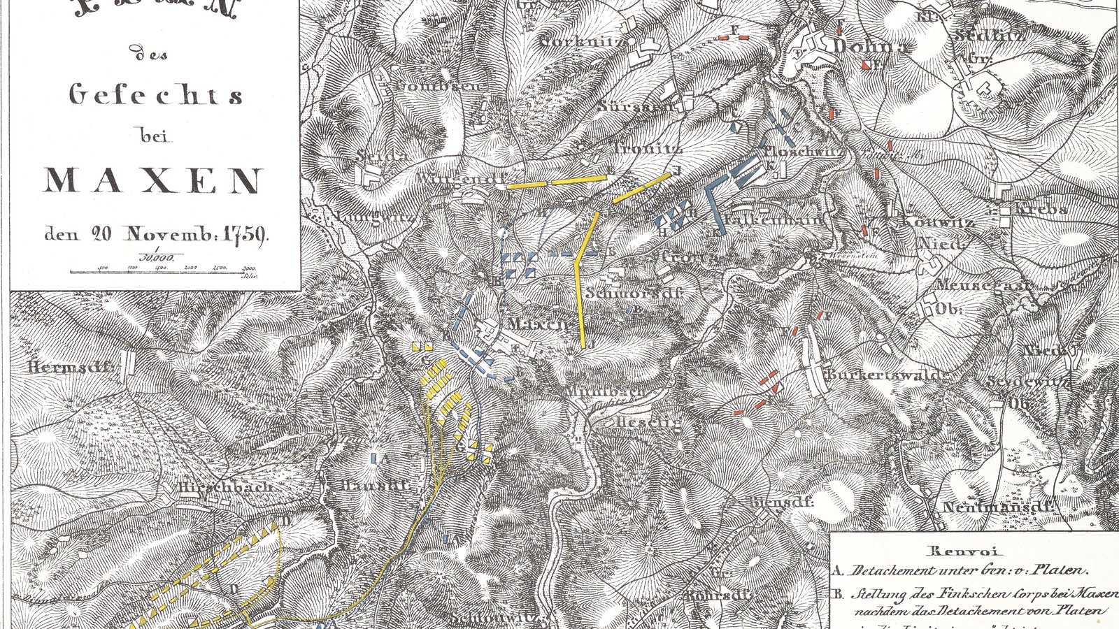 Nineteenth-century plan of the hill country south of Dresden: villages, wooded valleys and streams, with blue Prussian, yellow Austrian and red Imperial troop lines around Maxen and a title panel on the left.