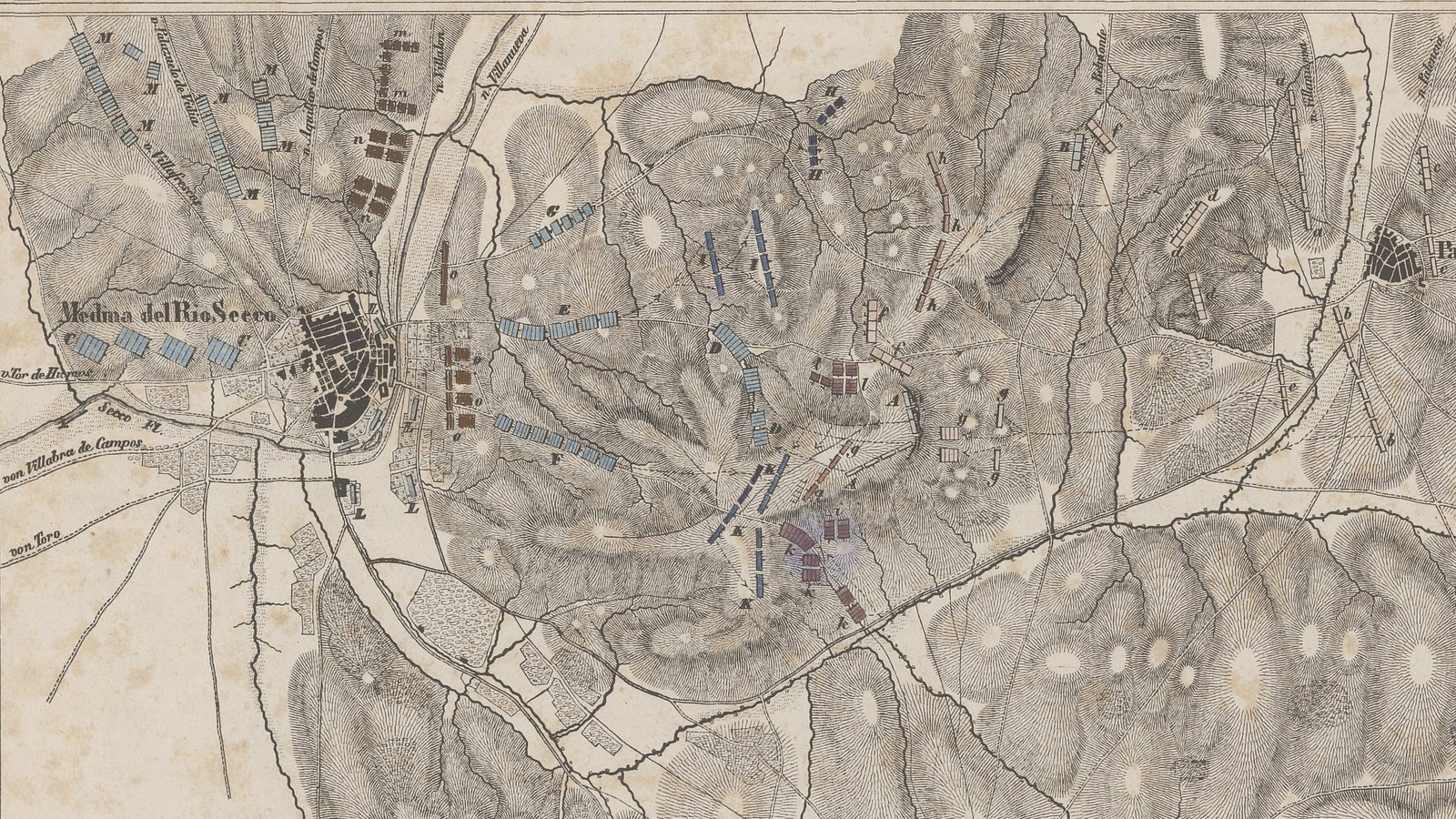 Hand-colored 1857 battle map of Medina del Rio Secco, with the town on the left, hatched hills and the positions of French and Spanish units marked in color.