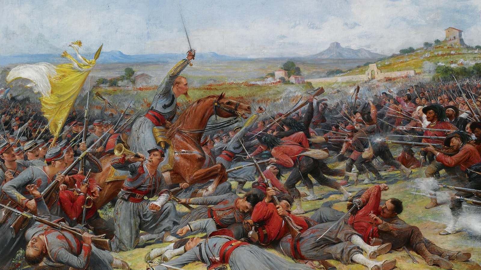 Painting of a battle on a green hillside: papal soldiers in gray uniforms with a yellow and white flag charge, led by a mounted officer, into a line of men in red shirts, with wounded men lying in the foreground.