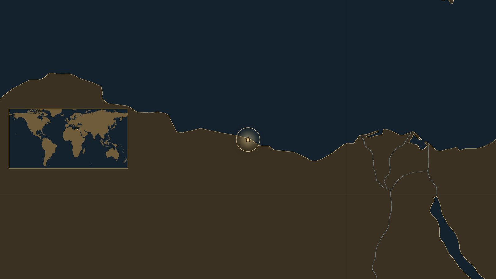 Dark locator map of north-east Africa: the Egyptian coast and the Nile delta, with a gold star on the coast at Mersa Matruh, west of Alexandria, and a world inset.