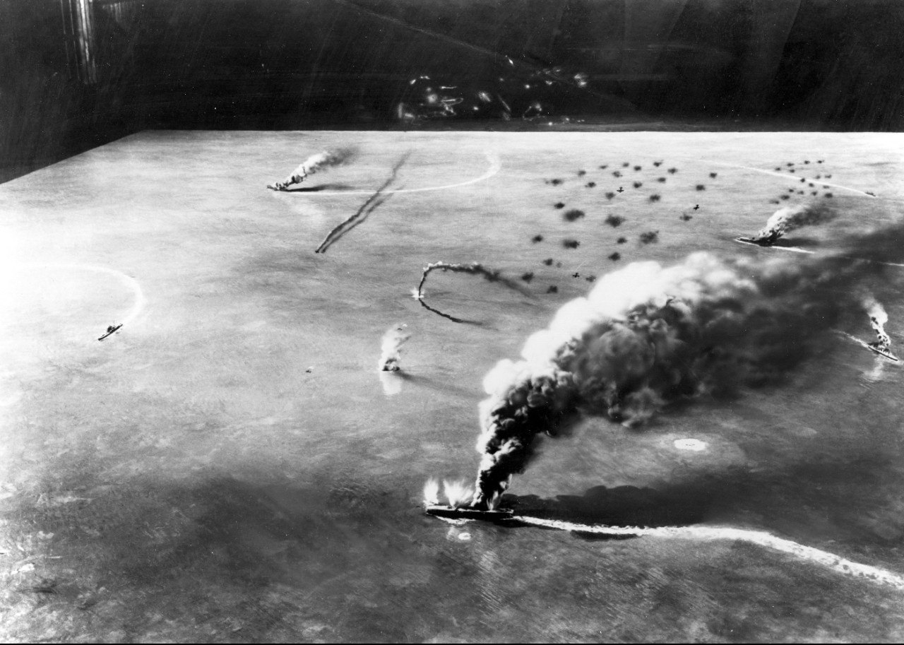 American dive bombers attacking Japanese aircraft carriers at Midway, 1942