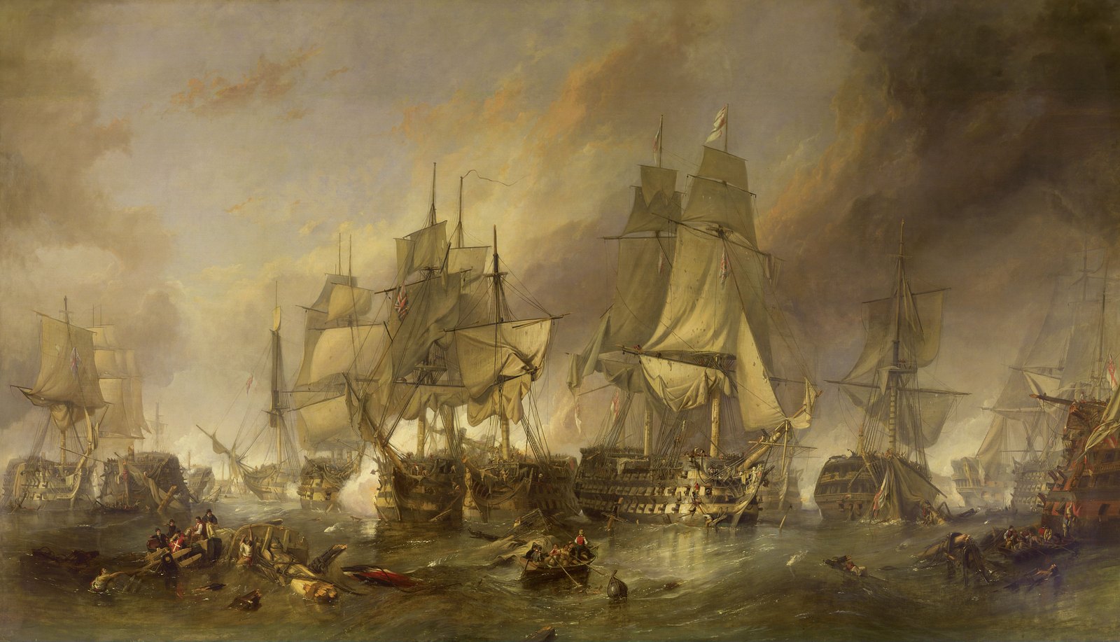 Oil painting of a sea battle: tall sailing warships with torn sails in thick smoke, wreckage and boats with survivors in the foreground.