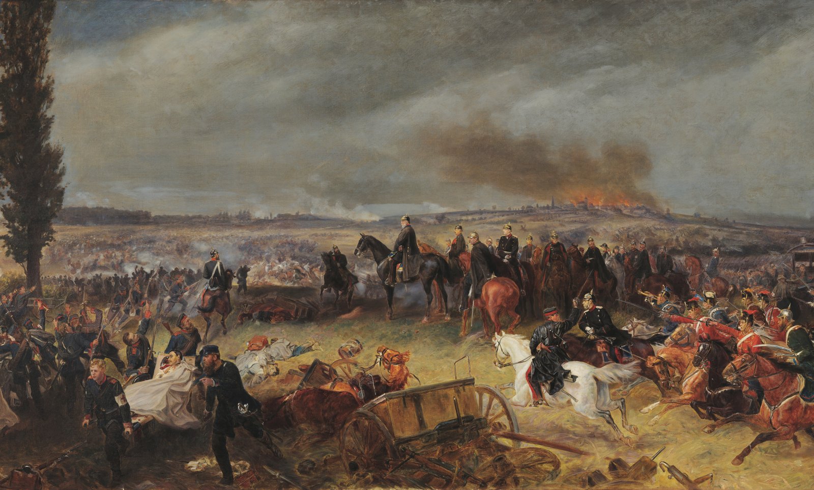 Oil painting of a battlefield under a smoky sky: a group of mounted officers in spiked helmets watches the fighting, cavalry charges past on the right, and wounded soldiers and a wrecked cart lie in the foreground.