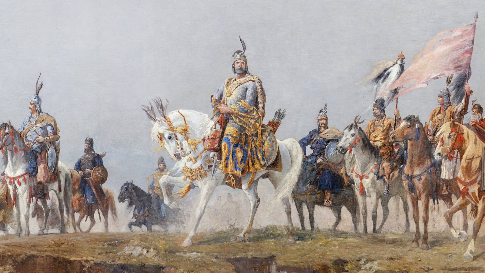 Detail of a vast panoramic oil painting: a bearded chieftain in a gilded, leopard-skin trimmed coat and a plumed helmet rides a white horse at the head of a line of mounted Magyar warriors with round shields, bows and quivers, while banners and a white horsetail standard rise behind them against a hazy grey sky.