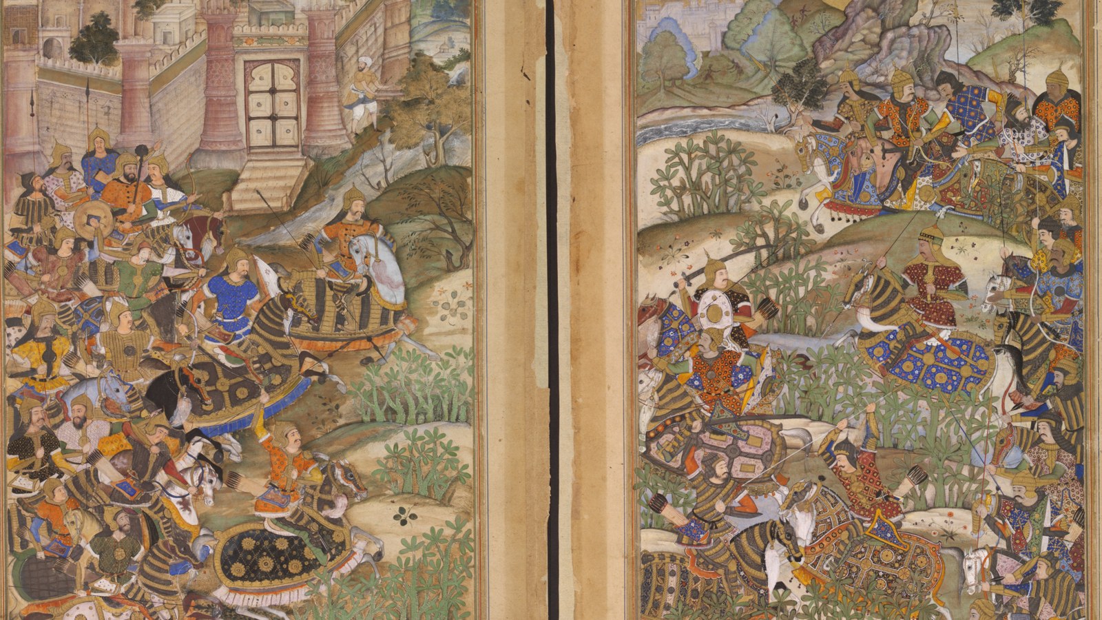 Detail of a double-page Mughal miniature painting: on the left, horsemen in gilded helmets and patterned armor ride out below the gate and red towers of a walled city; on the right, across the gutter of the book, armored riders on horses in striped and blue caparisons clash among green shrubs and low hills, with lances, swords, bows and round shields.