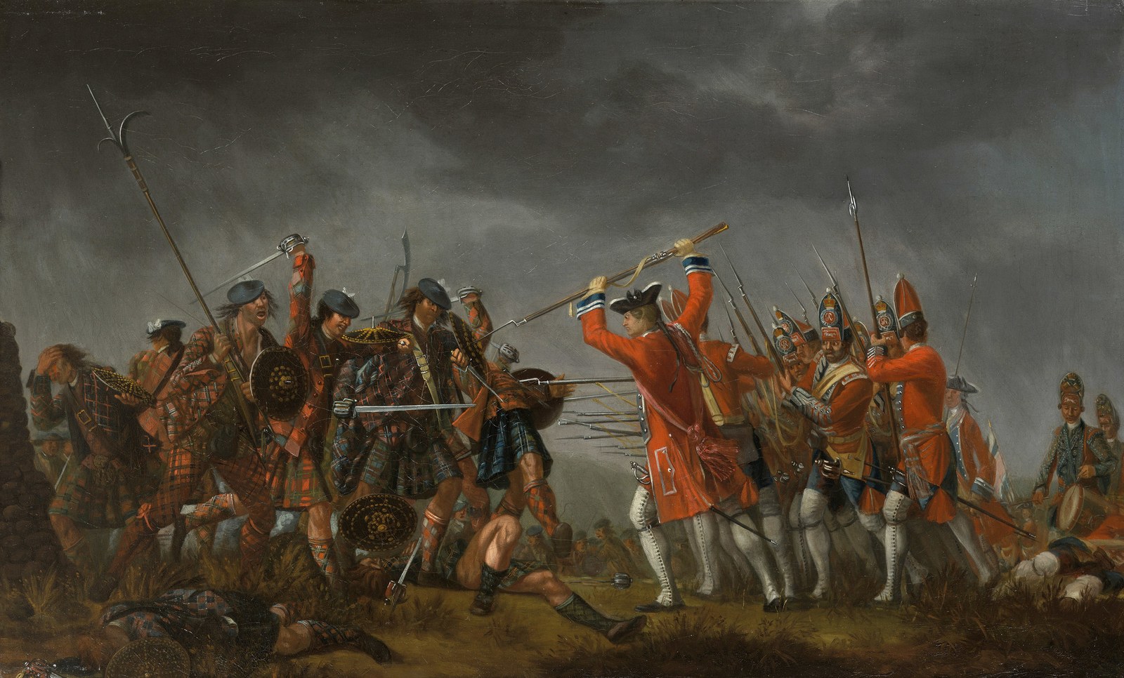 Oil painting of a close fight: Highlanders in tartan with swords, targes and Lochaber axes clash with a line of red-coated soldiers with bayonets and grenadier caps under a stormy sky.