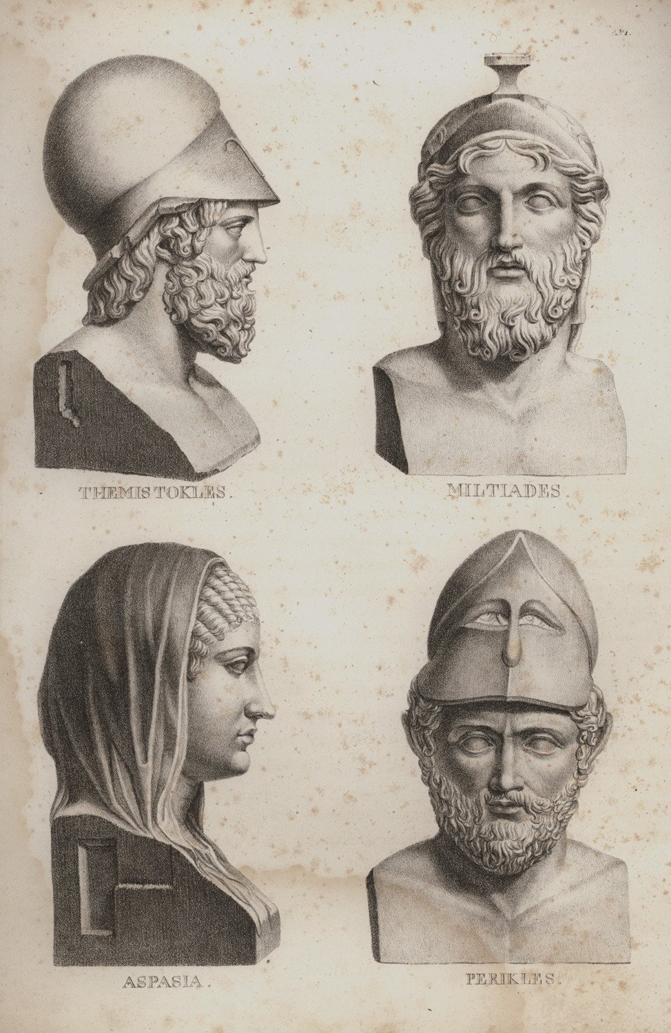 A 19th-century engraving of Themistocles, Miltiades, Aspasia and Pericles
