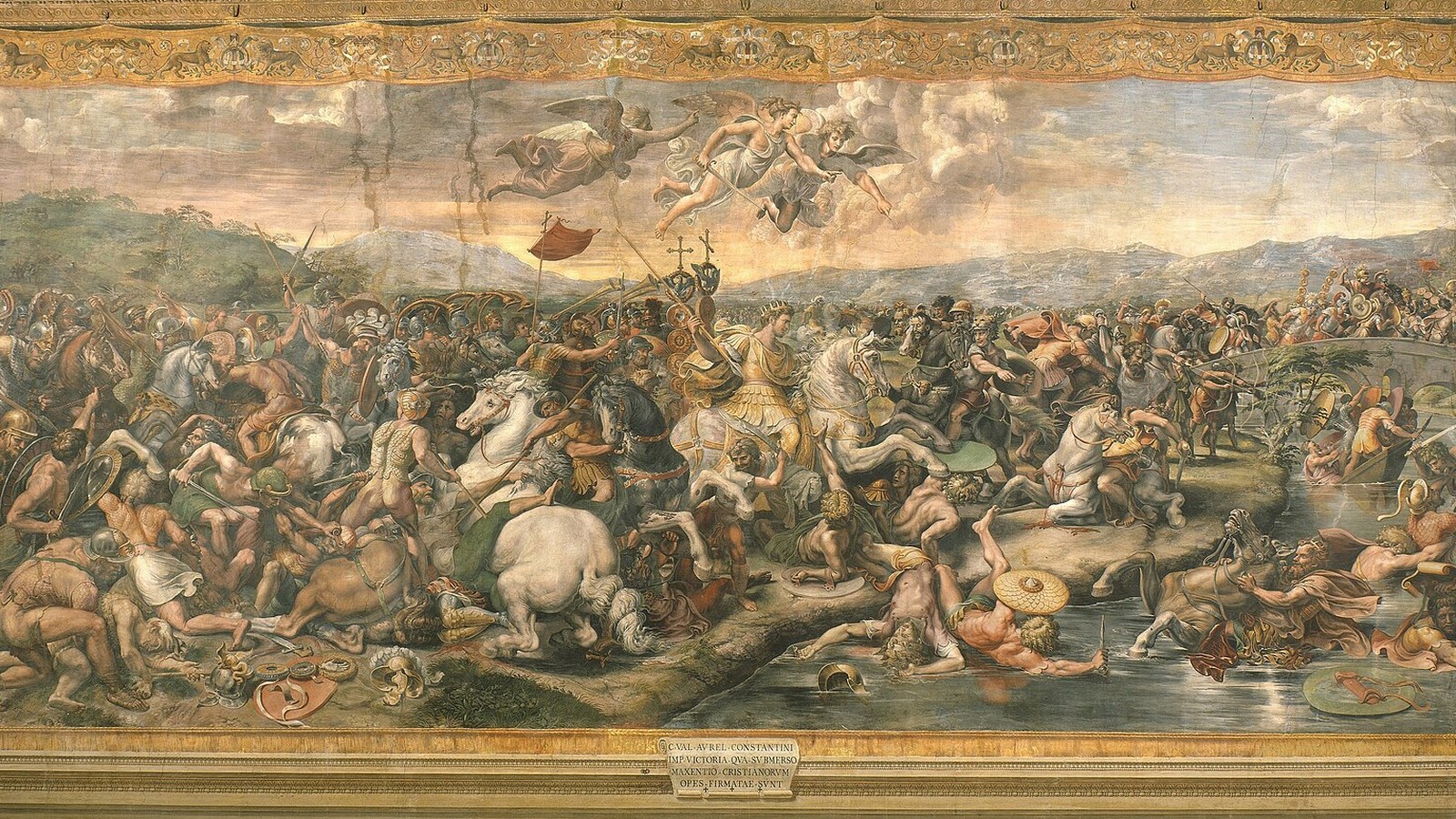 Constantine's cavalry driving Maxentius's soldiers into the Tiber at the Milvian Bridge, in a Renaissance fresco