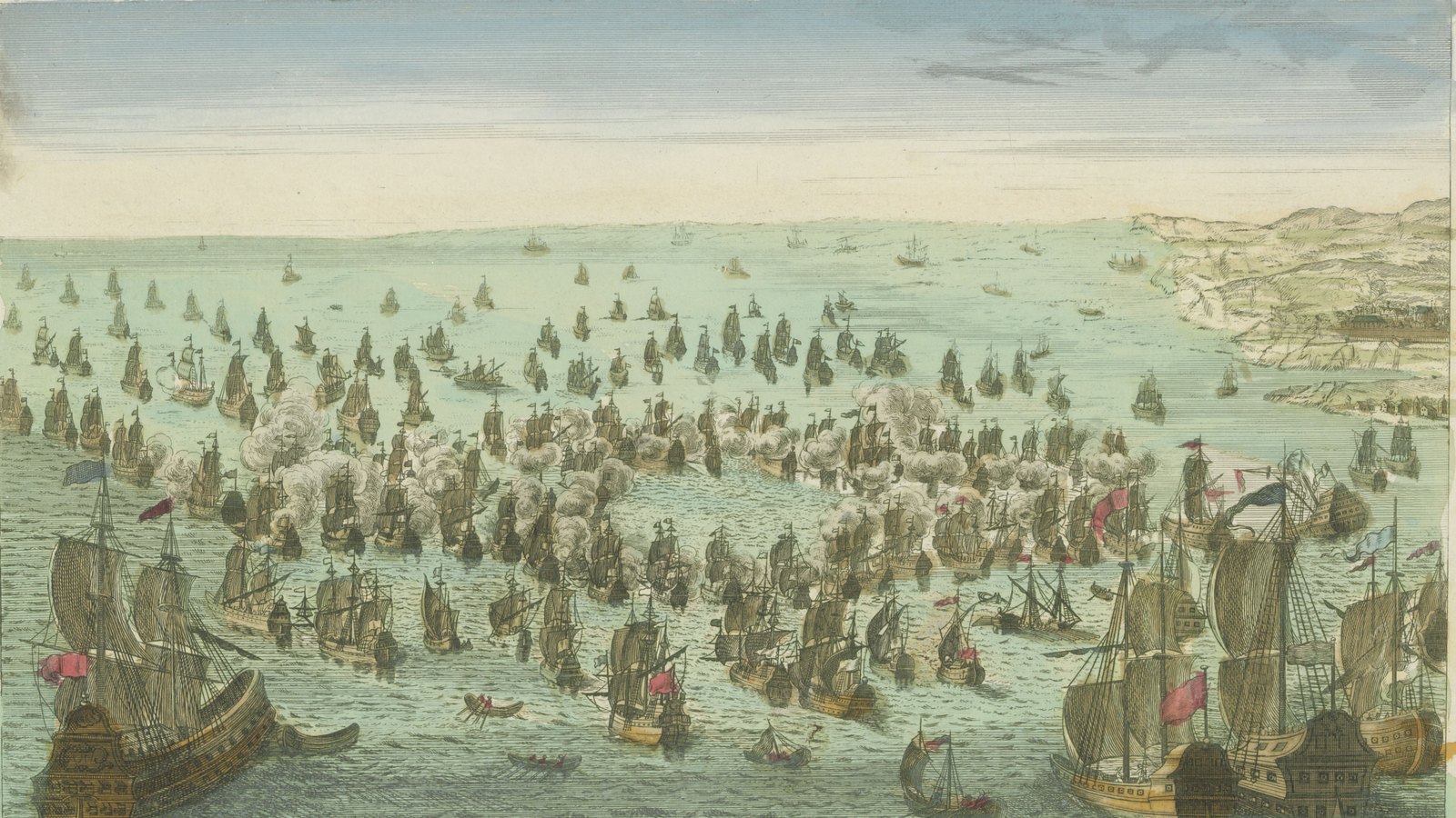 Hand-colored eighteenth-century print of two fleets of sailing warships exchanging fire in a crowded bay, with a fortified coast on the right.