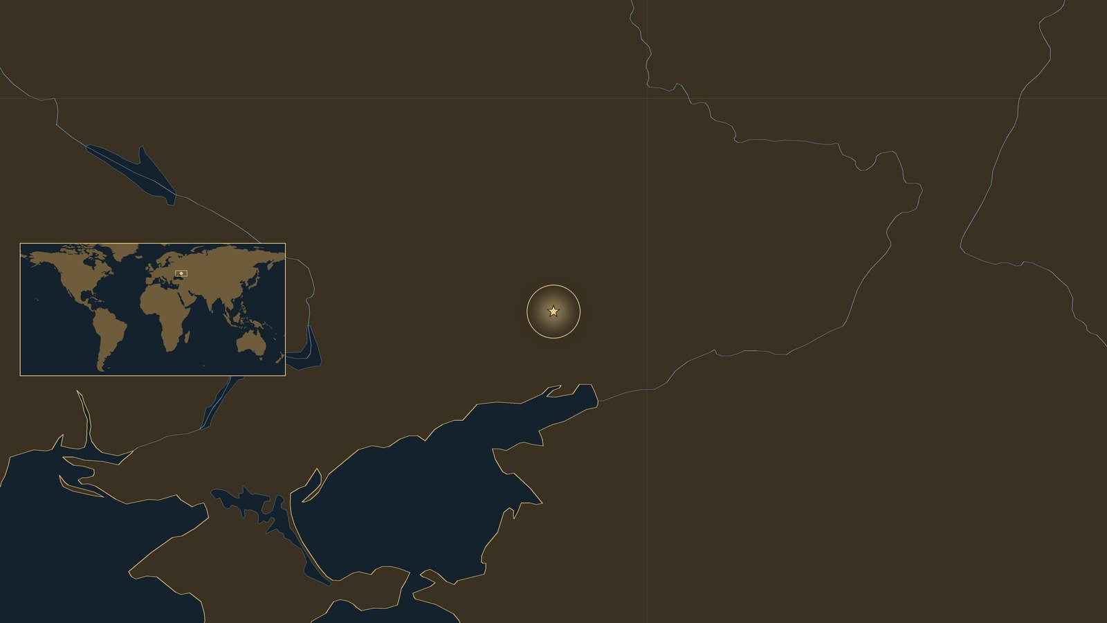 Dark locator map of the region north of the Sea of Azov with a gold star on the Mius river front in the Donbas, and a small world map inset.