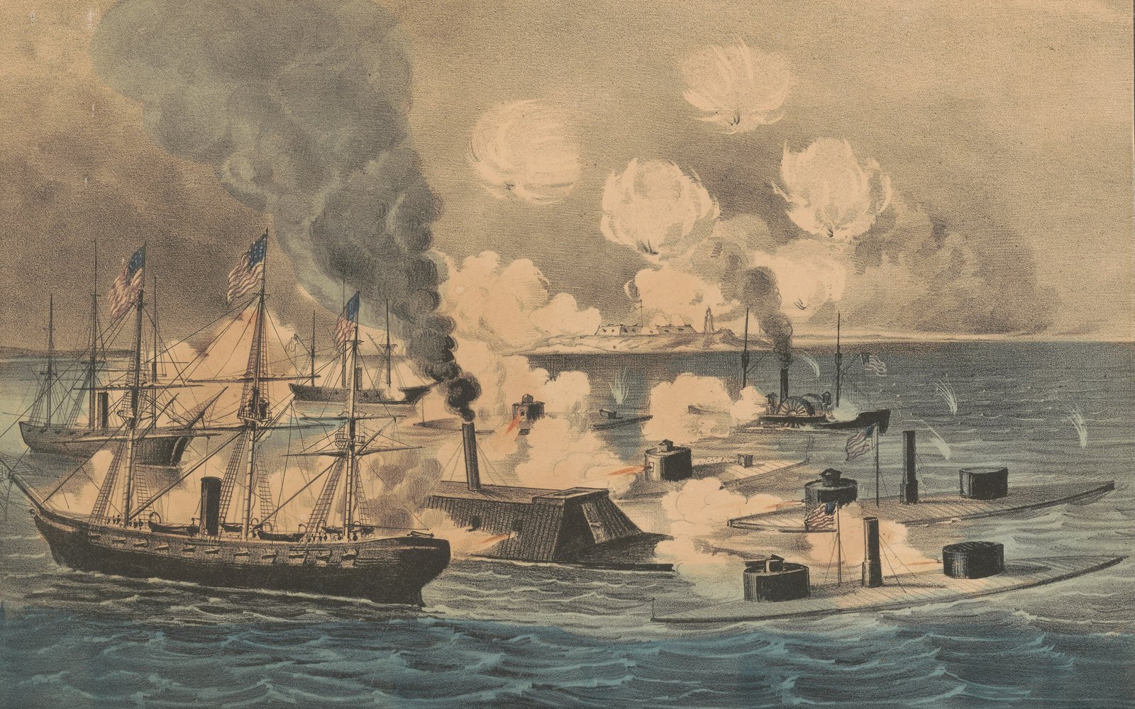 Currier and Ives lithograph of the Battle of Mobile Bay, 5 August 1864: Farragut's flagship Hartford and Union monitors close in on the Confederate ironclad Tennessee as Fort Morgan smokes in the distance