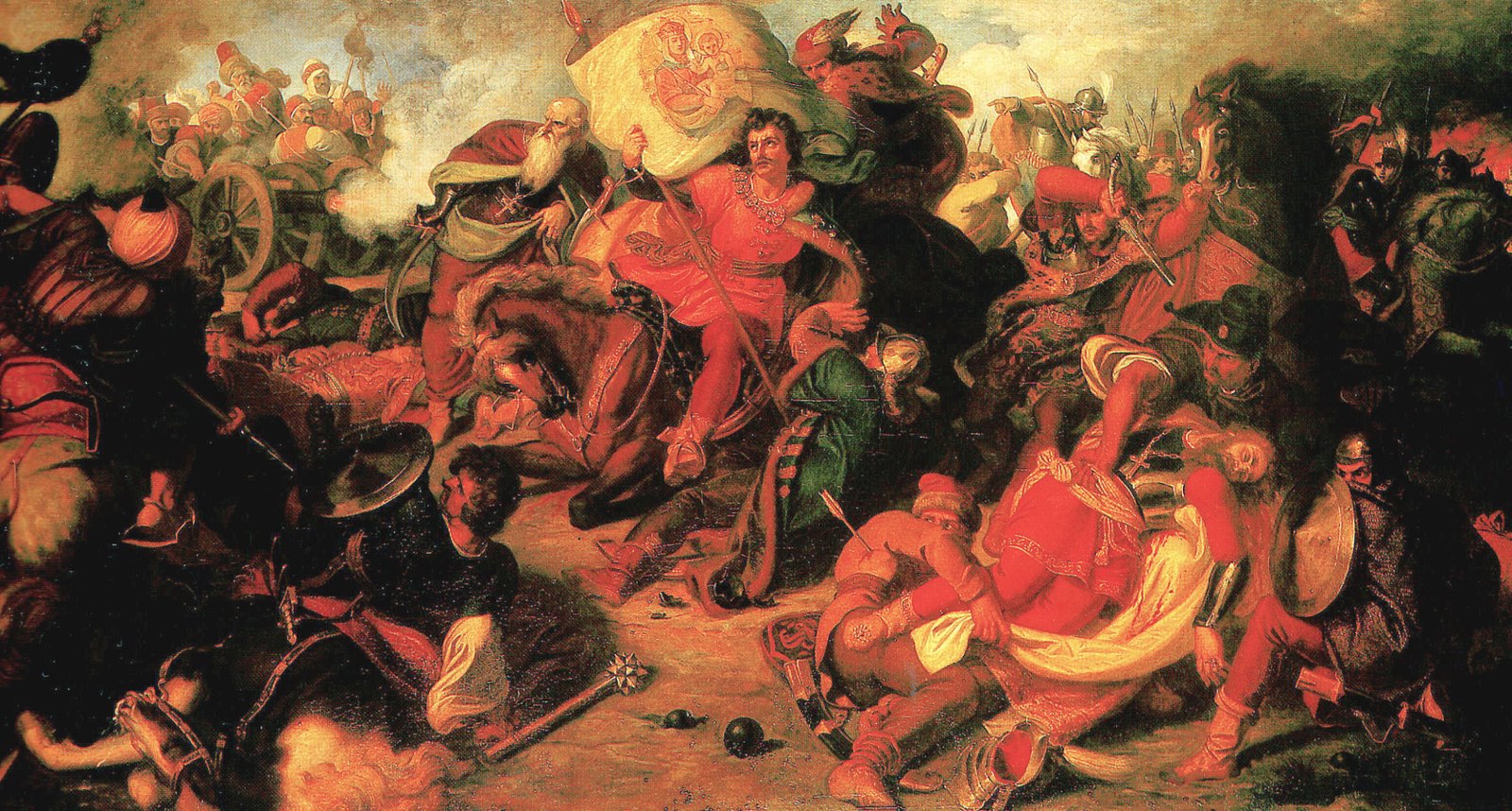 The Battle of Mohács, painted by Mór Than in 1856: Hungarian knights fight around their banner as the Ottoman army closes in