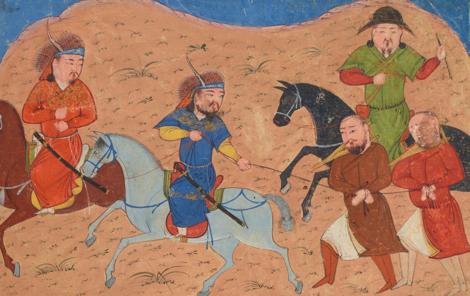 Persian miniature of Mongol horsemen in feathered hats leading two bound prisoners on a rope across a pink steppe under a blue sky