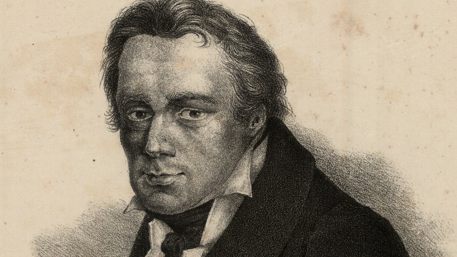 Lithograph portrait of a heavy-featured man with tousled dark hair, a high white collar and a dark coat, shown half-length against a pale background