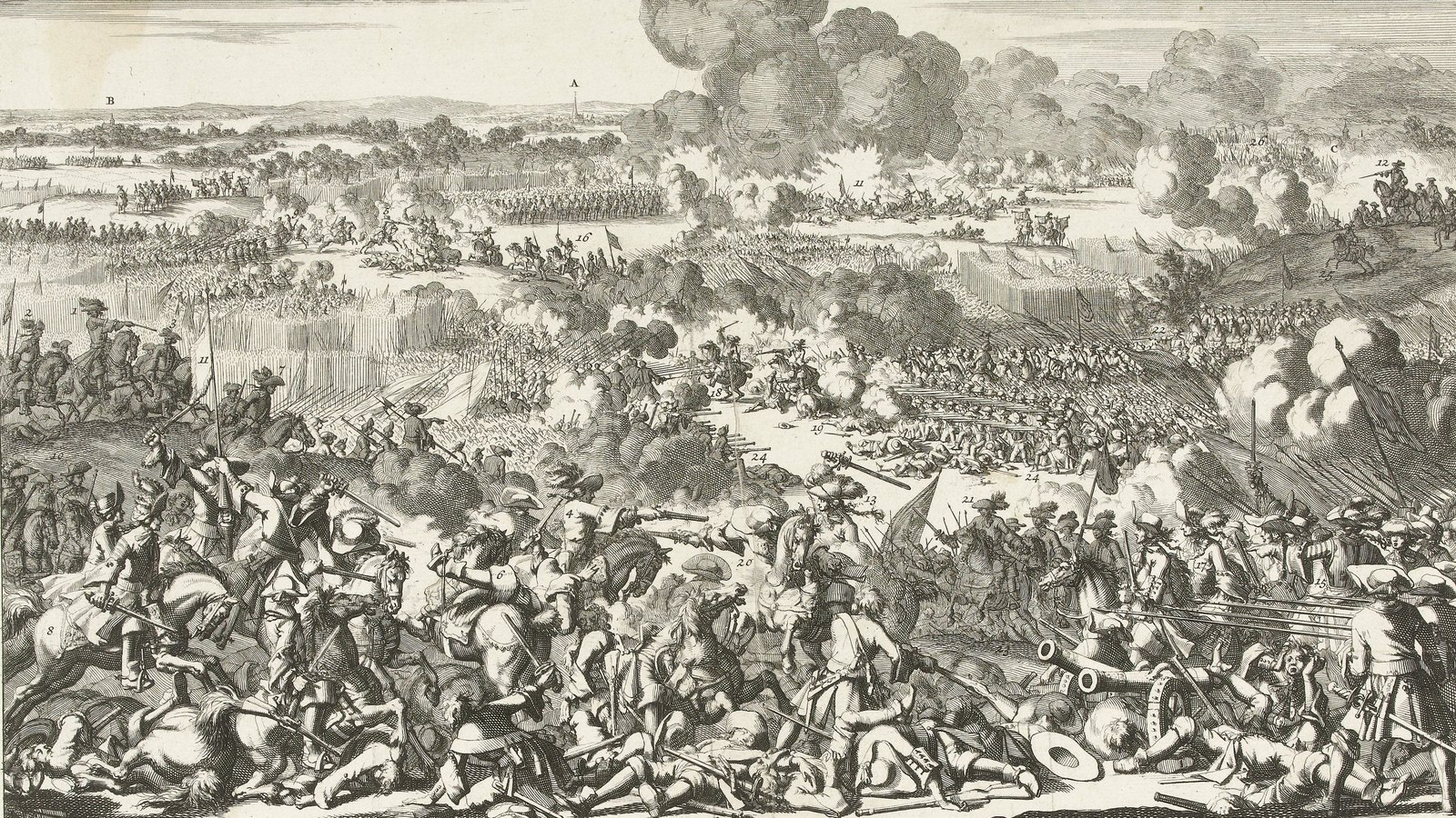 Eighteenth-century Dutch etching of the Battle of Mollwitz: cavalry clashing in the foreground, long lines of infantry firing through smoke behind them, and a wide snowy plain with villages on the horizon.