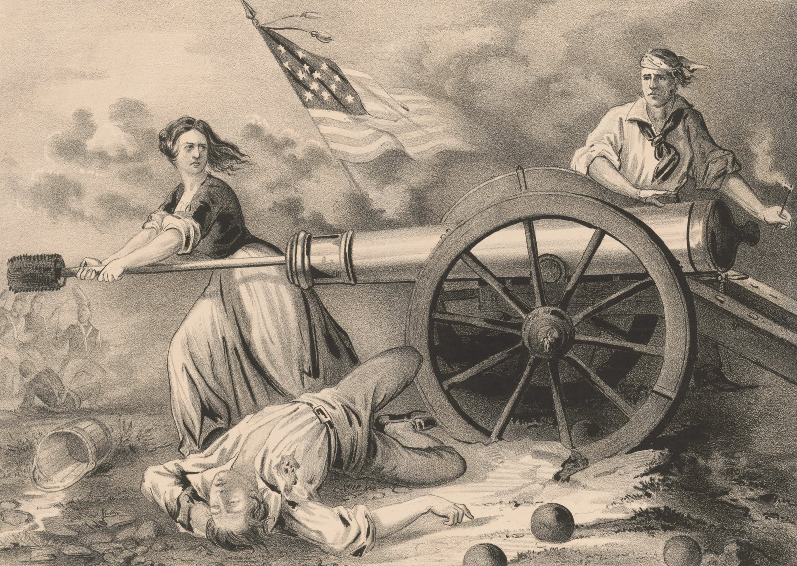 A woman in a long dress rams a sponge staff into a cannon beside a fallen gunner and an overturned bucket, while a soldier with a bandaged head crouches at the gun, an 1876 Currier and Ives lithograph.
