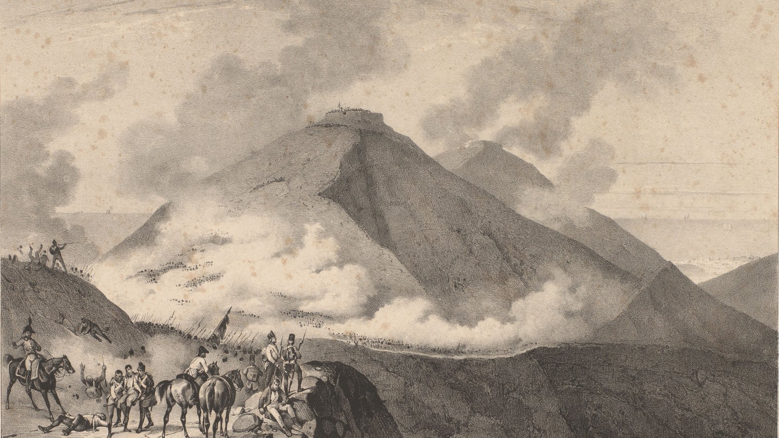 Nineteenth-century lithograph of a steep bare mountain wrapped in gunsmoke, with a small fort on its summit and French officers and soldiers watching from a ridge in the foreground.
