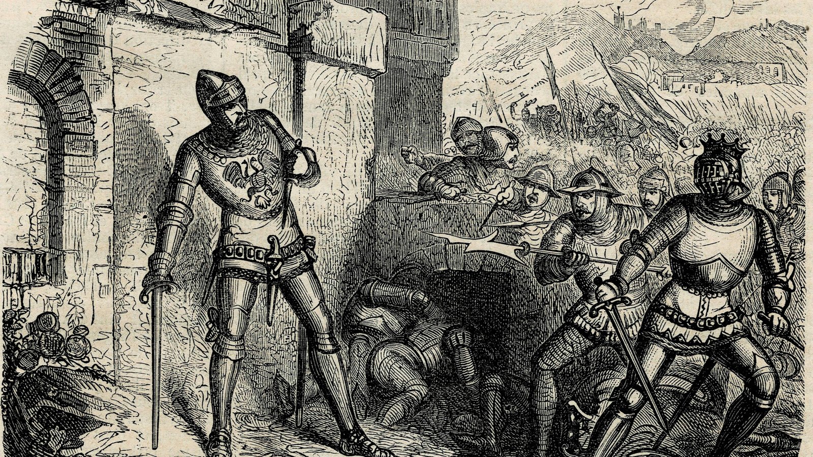 Nineteenth-century wood engraving of a knight in armor standing by a stone wall with his sword lowered, while a crowned knight and armed men advance on him from the right, with banners and a hilltown behind.