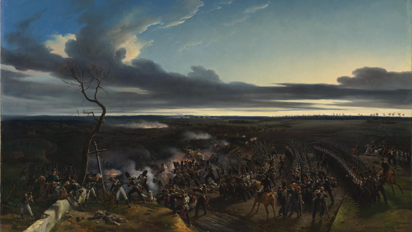Painting of a wide winter plain under a stormy evening sky, columns of French infantry in bearskins advancing along a road past a bare tree and a wayside cross, smoke rising over the fighting in the distance.