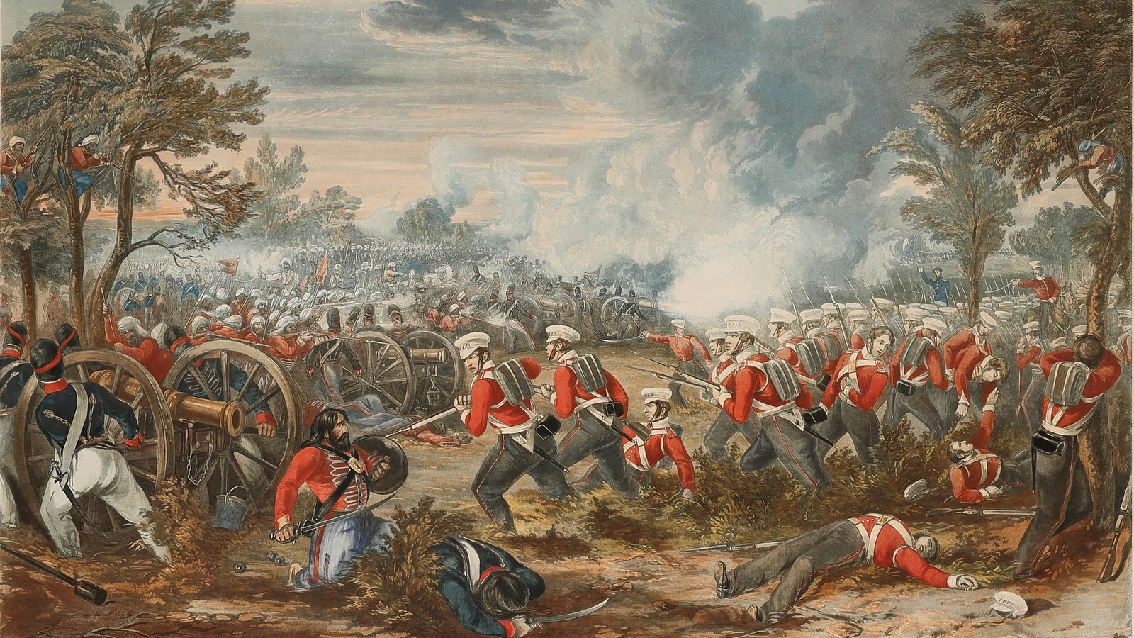Colored print of redcoat infantry with white cap covers charging through scrub past captured cannon, a turbaned gunner falling at the guns, smoke and trees behind.