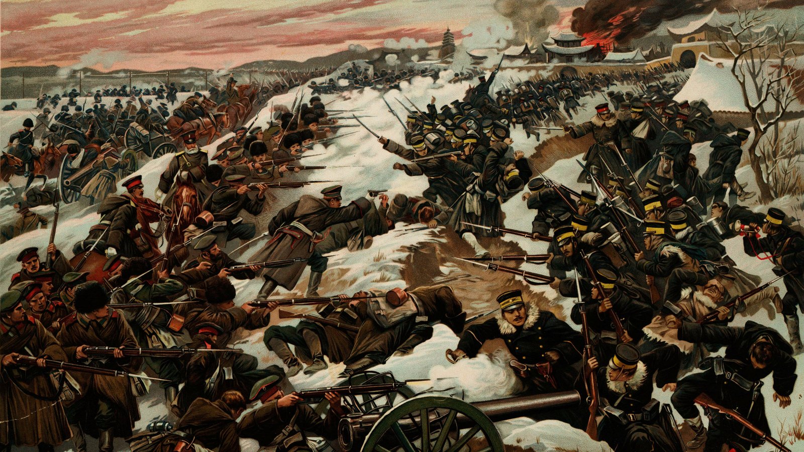 Colored print of Russian and Japanese infantry fighting hand to hand on a snowy slope, a field gun in the foreground and a walled Chinese city burning under a red evening sky.