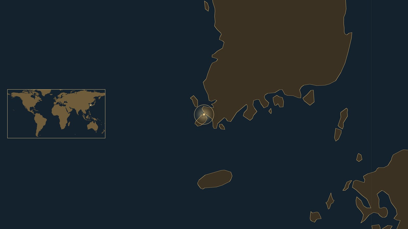 Dark locator map of the southern Korean peninsula and the Korea Strait with a gold star at the Myeongnyang Strait off the southwest coast, with a small world map inset.