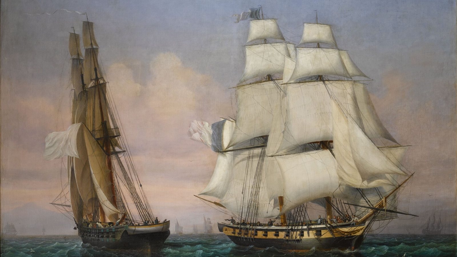 Bryg Napoleona Inconstant mija francuski bryg Zéphir w drodze z Elby, 28 lutego 1815 roku, obraz Ambroise'a Louisa Garneraya