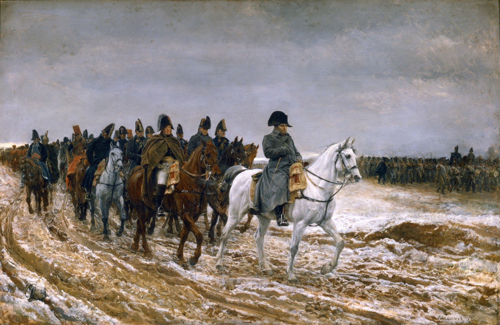 Obraz: Napoleon w szarym płaszczu jedzie na białym koniu na czele konnego sztabu błotnistą, przyprószoną śniegiem drogą; po prawej kolumna piechoty, nad nimi ciężkie szare niebo.