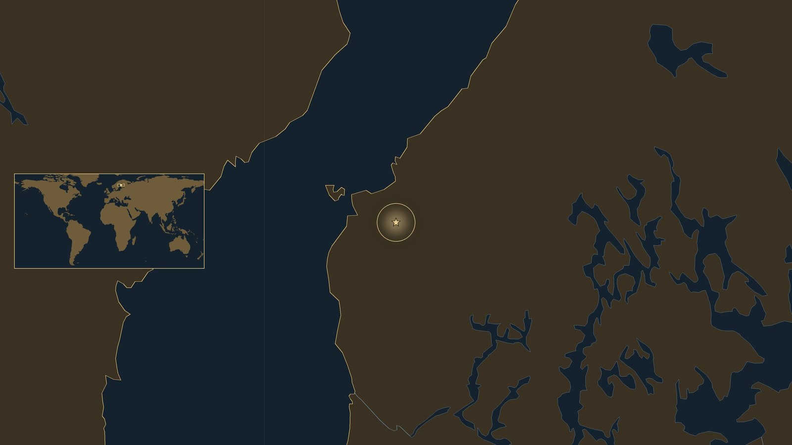 Dark locator map of the Gulf of Bothnia with Finland to the east, Sweden to the west and a gold star on the Ostrobothnian coastal plain inland from Vaasa, with a small world map inset.