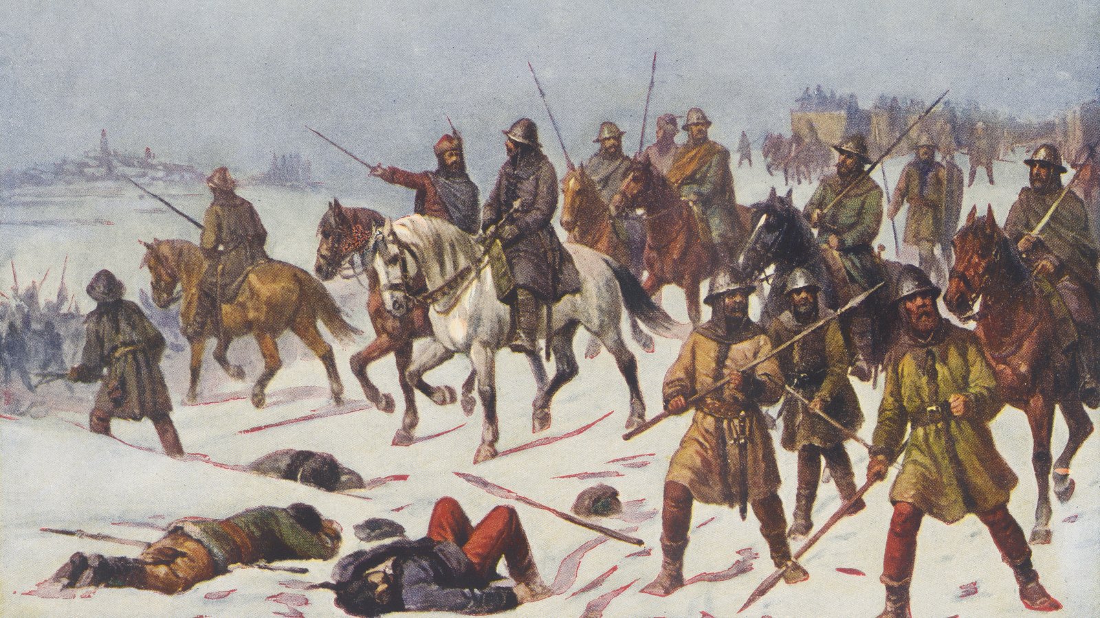 Painting of armored horsemen and spearmen advancing across a snowy field past fallen soldiers, a mounted leader pointing ahead and a walled town on the horizon.