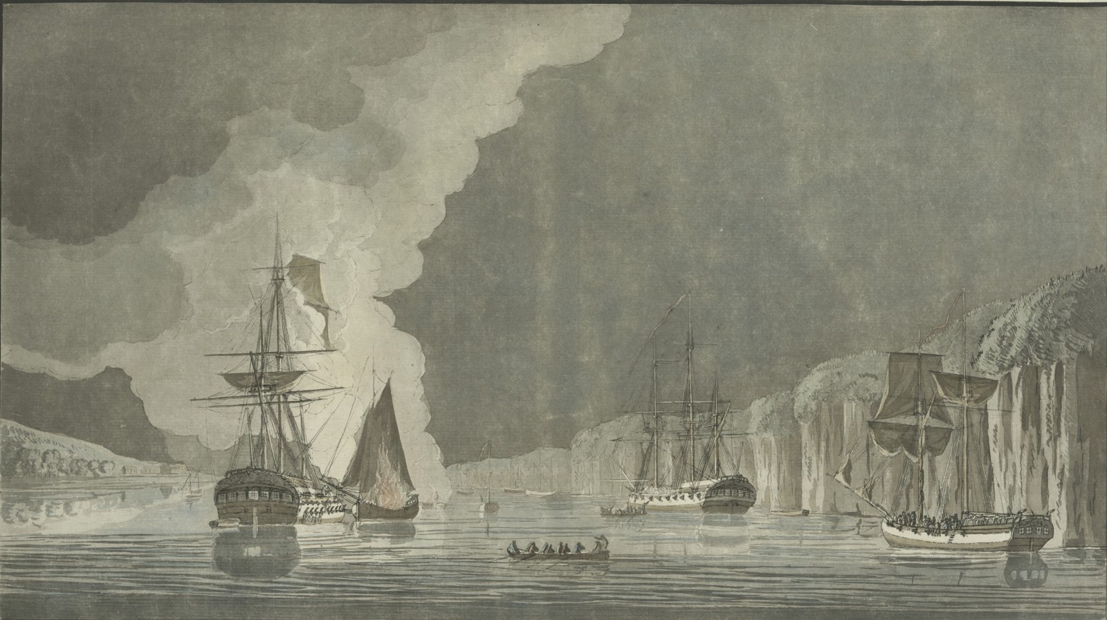 Gray-toned print of a river between high cliffs: a British frigate beside a burning fire ship wreathed in white smoke on the left, a second warship in mid-river, a ship with crowded decks under the cliffs on the right, and a rowing boat in the foreground.