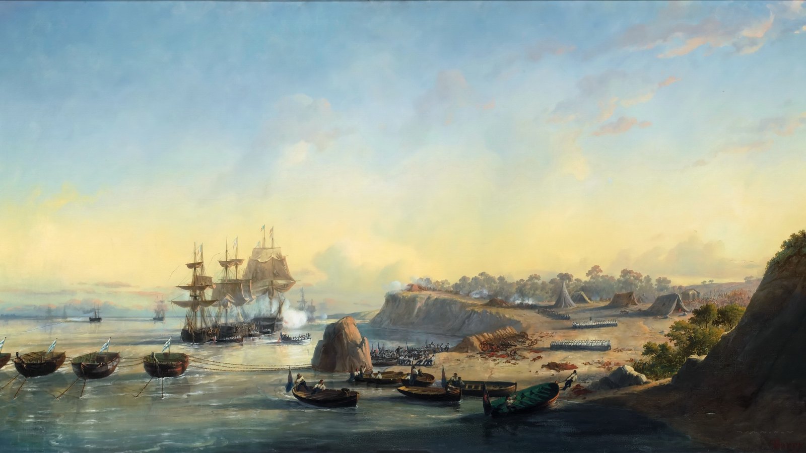 Nineteenth-century painting of a wide river at dawn: a line of moored boats holds a chain across the water, sailing warships and a steamer fire on the shore, and troops land below tented bluffs.