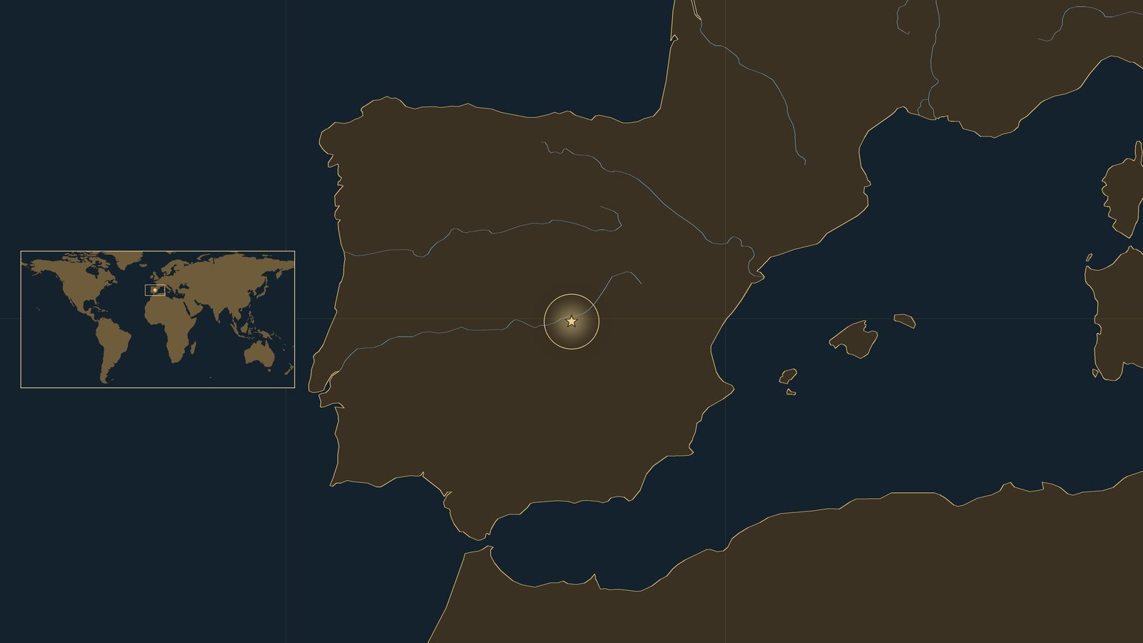 Dark locator map of the Iberian Peninsula with coasts and rivers in gold and blue, a glowing star marking Ocaña south of Madrid, and a world map inset.