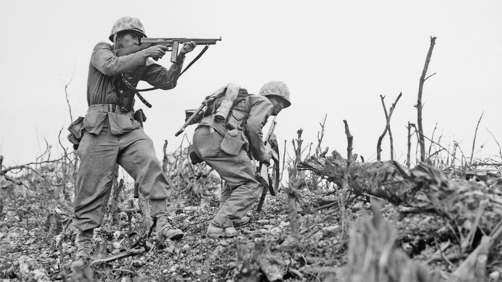 American troops under fire during the Battle of Okinawa, 1945