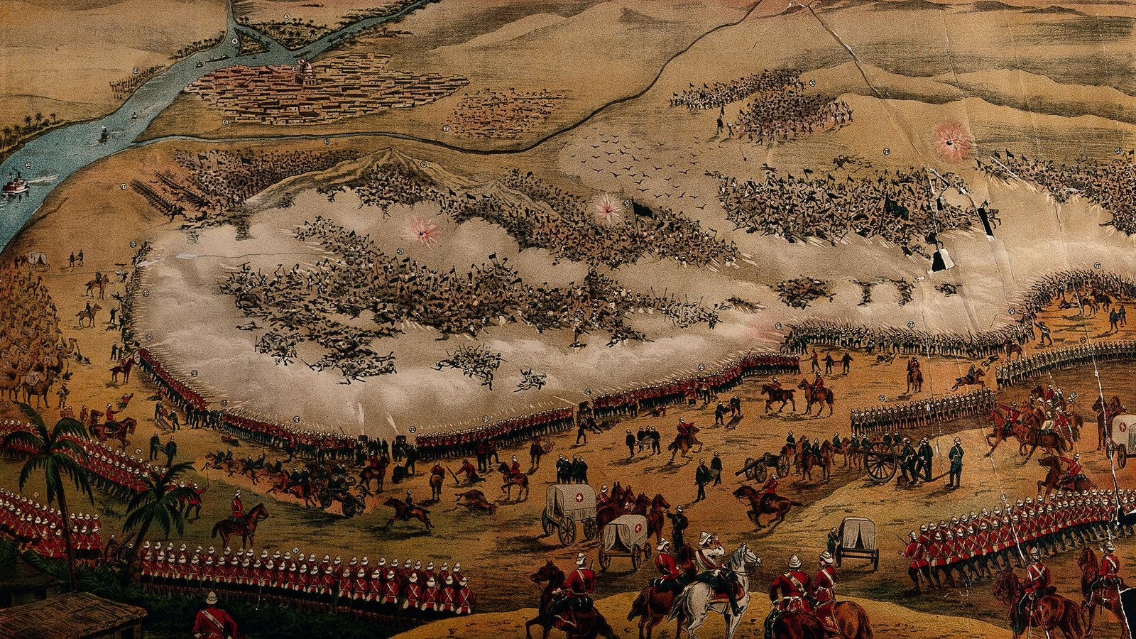 Colored 1898 print of the Battle of Omdurman: lines of British and Sudanese infantry in a curve by the Nile fire into masses of Mahdist warriors on a sandy plain, with the city of Omdurman and the river behind.