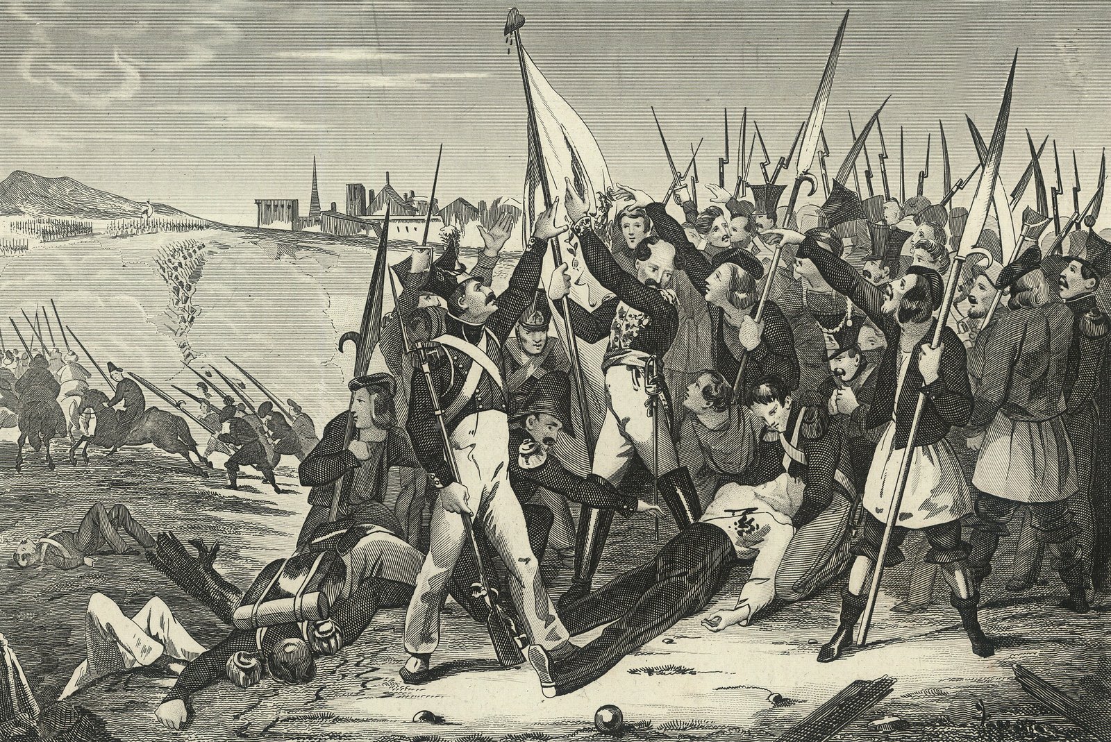 Francuska rycina: polscy żołnierze wznoszą sztandar nad śmiertelnie rannym hrabią Micielskim pod Ostrołęką w 1831 roku, w tle szarża rosyjskiej jazdy