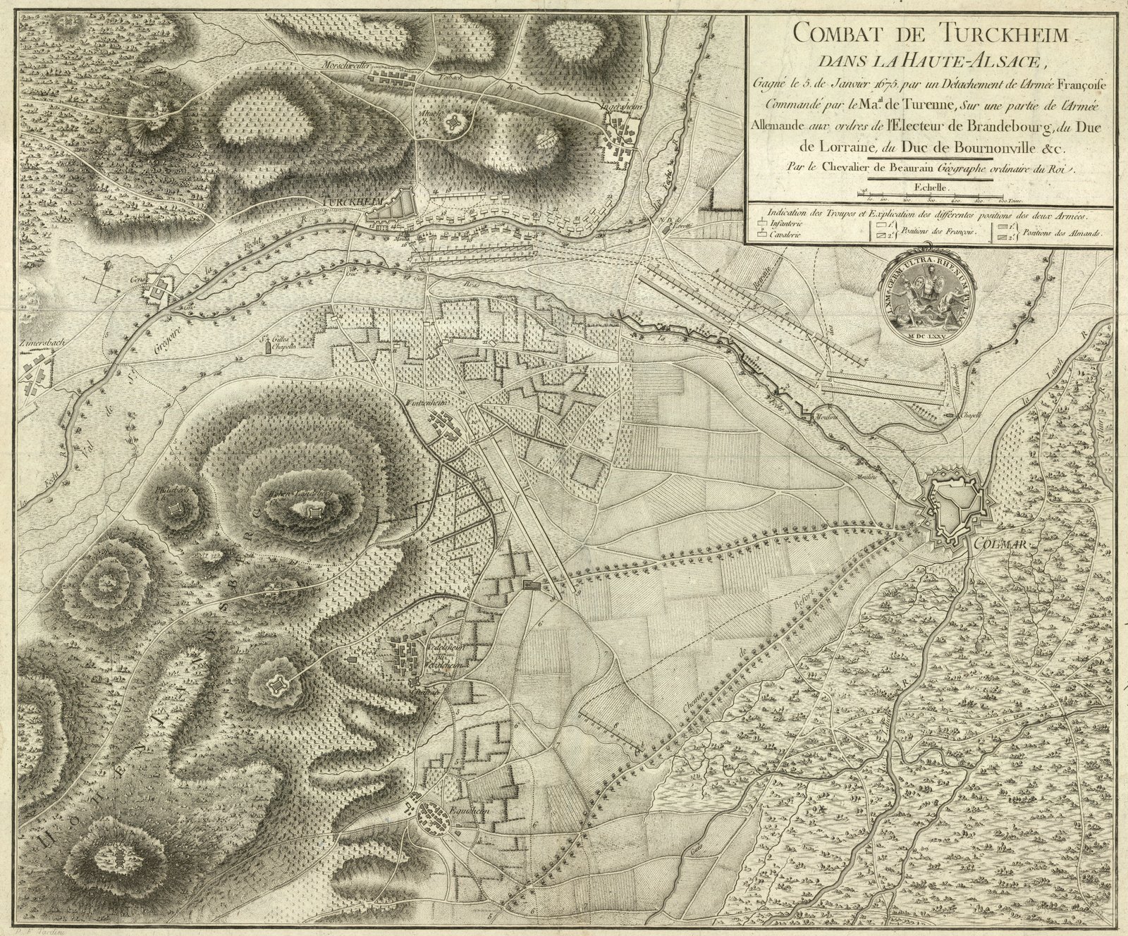 Engraved 18th-century plan of the battle of Turckheim: hills and vineyards on the left, the town of Turckheim at the upper left, the fortified town of Colmar at the right, and lines of troops drawn across the plain between them.
